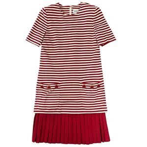 Vintage 90s Julian Taylor Red White Stripe Knit Mod Dress Pleated Hem Pockets 10
